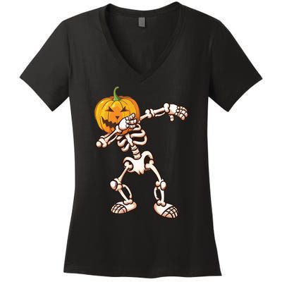Dabbing Skeleton Pumpkin Head  Women's V-Neck T-Shirt