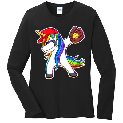 Dabbing Softball Unicorn Ladies Long Sleeve Shirt