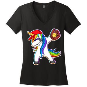 Dabbing Softball Unicorn Women's V-Neck T-Shirt