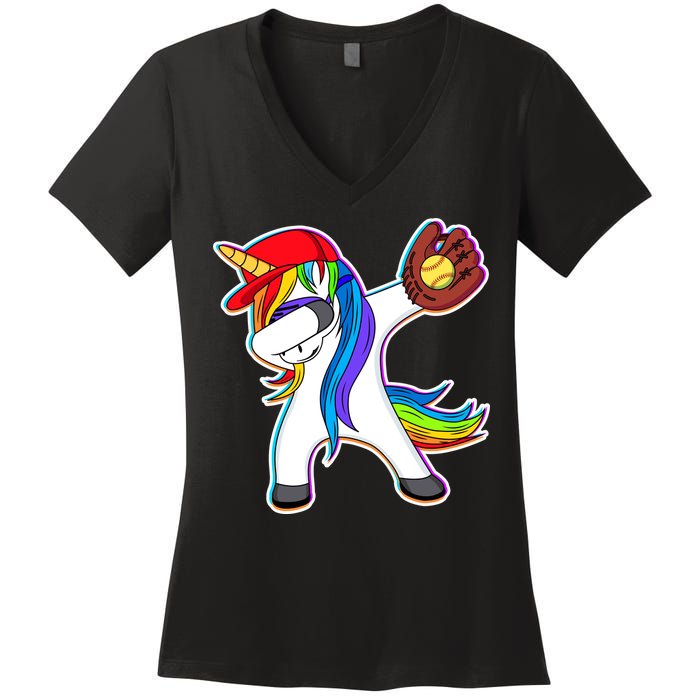 Dabbing Softball Unicorn Women's V-Neck T-Shirt