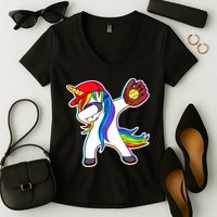 Dabbing Softball Unicorn Women's V-Neck T-Shirt