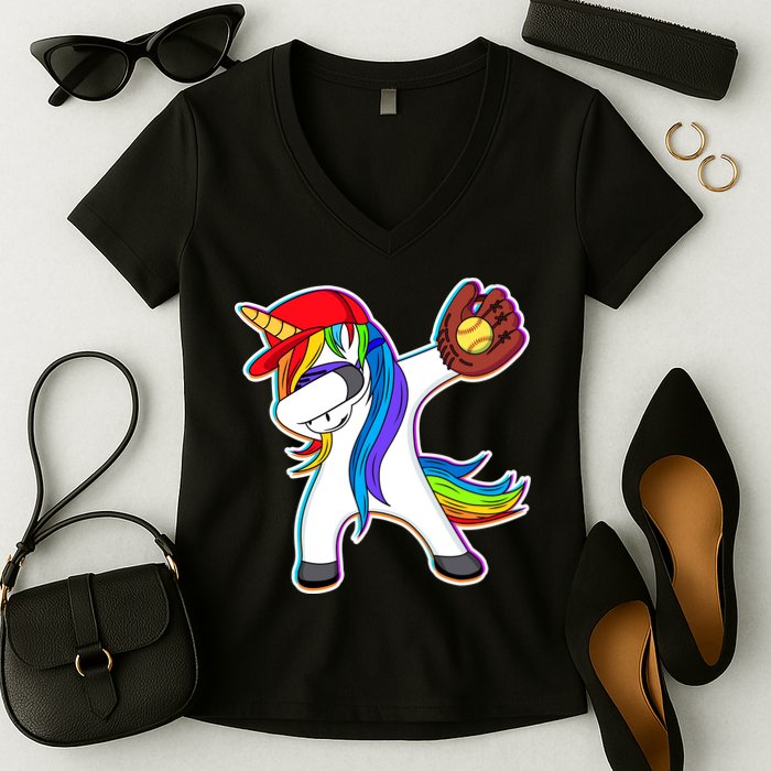 Dabbing Softball Unicorn Women's V-Neck T-Shirt