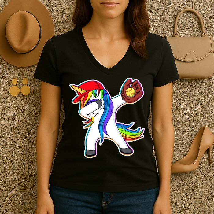 Dabbing Softball Unicorn Women's V-Neck T-Shirt