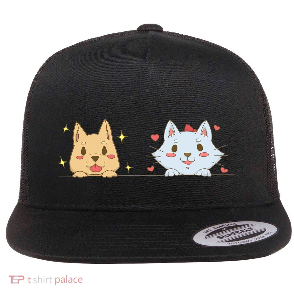 Dog And Cat Cute Animal Lover Flat Bill Trucker Hat