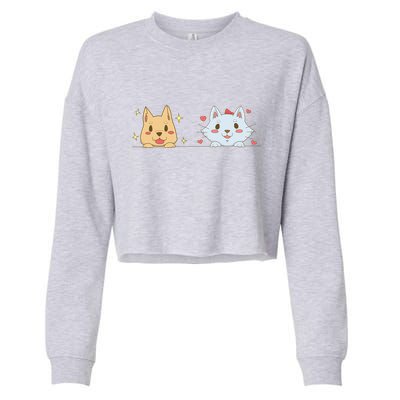 Dog And Cat Cute Animal Lover Cropped Pullover Crew