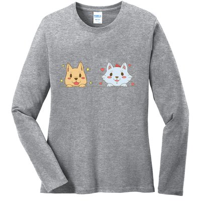 Dog And Cat Cute Animal Lover Ladies Long Sleeve Shirt