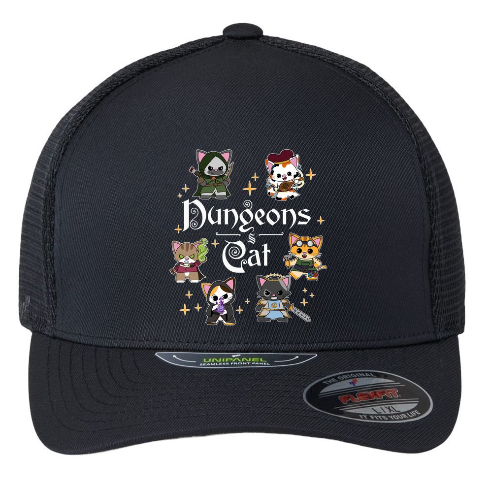 Dungeons And Cats Dungeon Master Cat Throwing Dice Flexfit Unipanel Trucker Cap