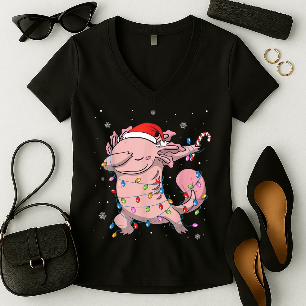 Dabbing Axolotl Christmas Lights Funny Xmas Gifts Boys Girls Women's V-Neck T-Shirt