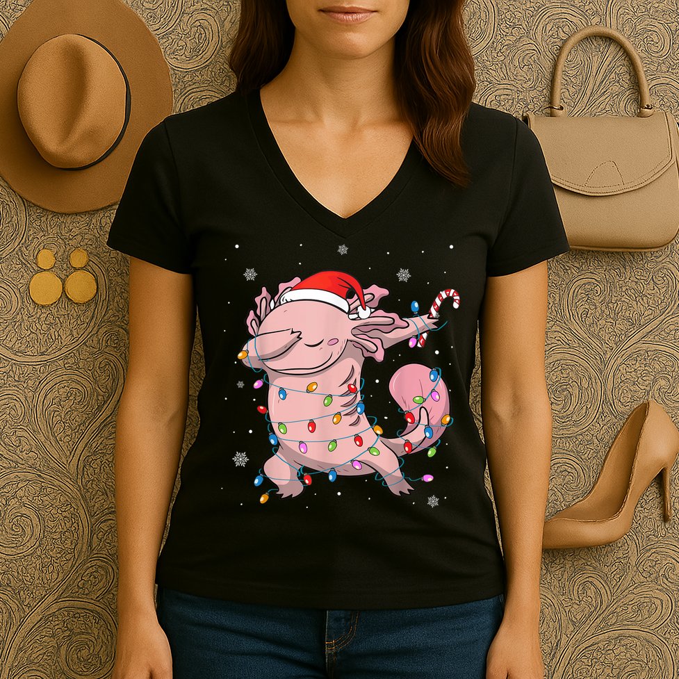 Dabbing Axolotl Christmas Lights Funny Xmas Gifts Boys Girls Women's V-Neck T-Shirt