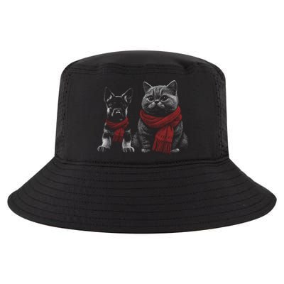 Dog And Cat Wearing Red Scarves Realistic Cool Comfort Performance Bucket Hat