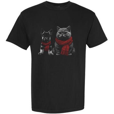 Dog And Cat Wearing Red Scarves Realistic Garment-Dyed Heavyweight T-Shirt