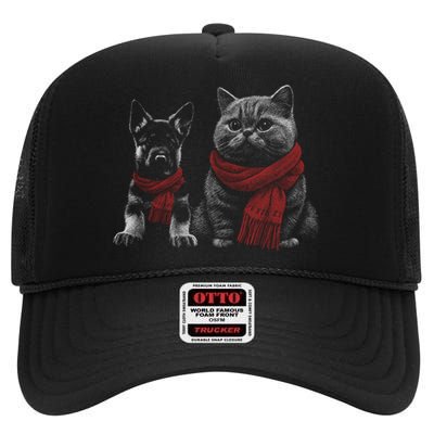 Dog And Cat Wearing Red Scarves Realistic High Crown Mesh Back Trucker Hat