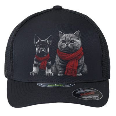 Dog And Cat Wearing Red Scarves Realistic Flexfit Unipanel Trucker Cap