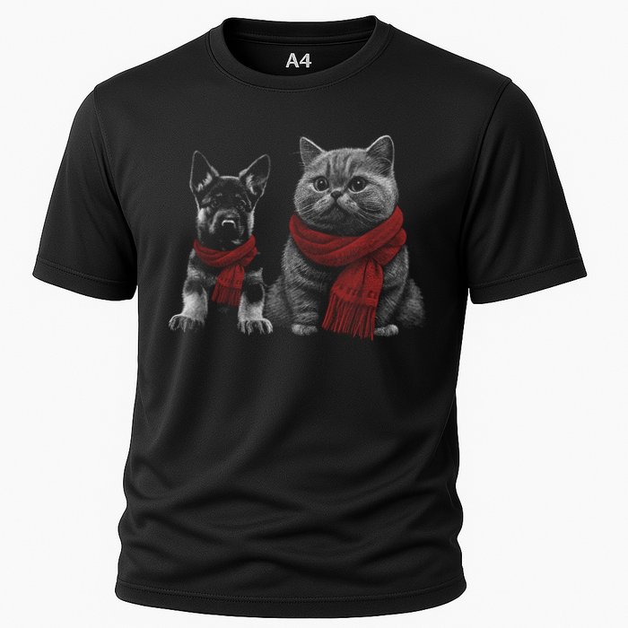 Dog And Cat Wearing Red Scarves Realistic Performance Shirt