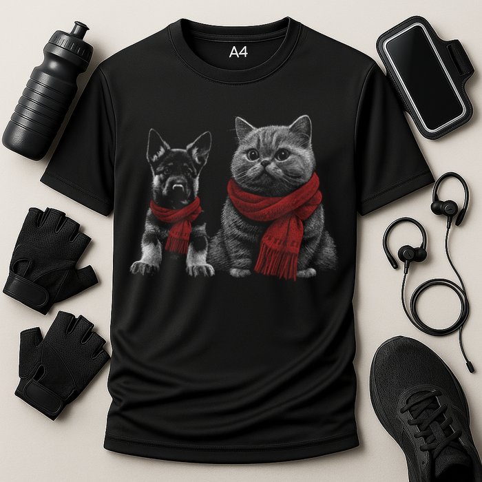 Dog And Cat Wearing Red Scarves Realistic Performance Shirt