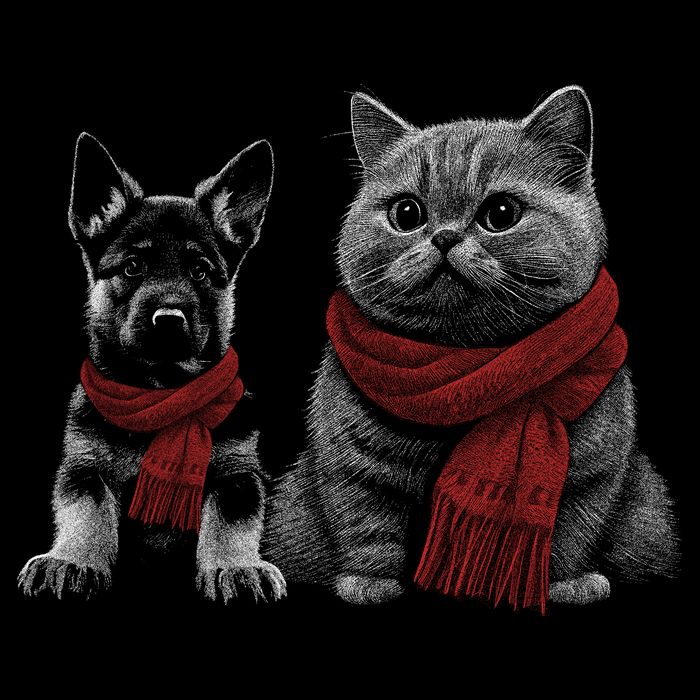 Dog And Cat Wearing Red Scarves Realistic Performance Shirt