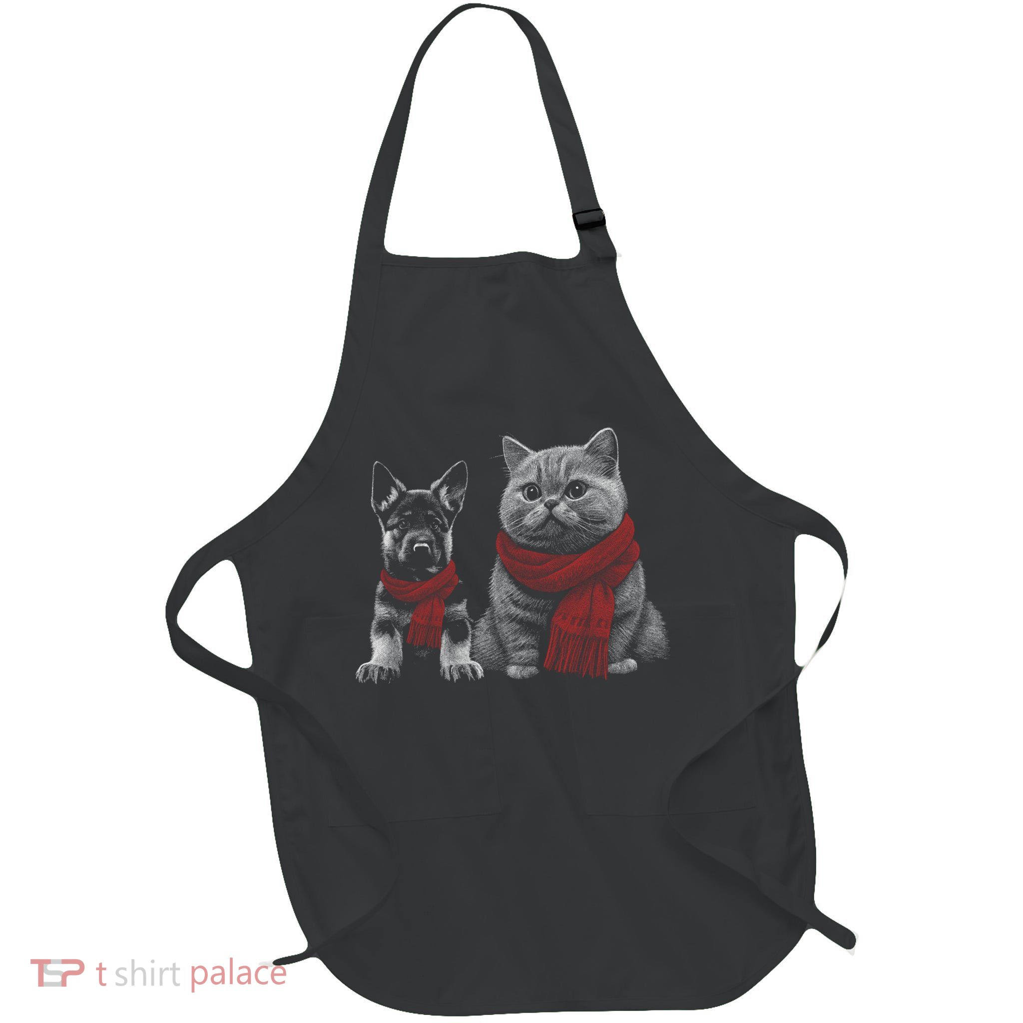 Dog And Cat Wearing Red Scarves Realistic Full-Length Apron With Pockets