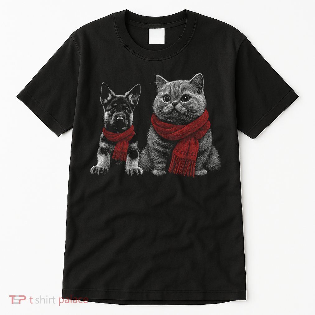 Dog And Cat Wearing Red Scarves Realistic Tall T-Shirt