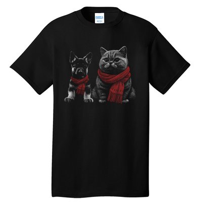 Dog And Cat Wearing Red Scarves Realistic Tall T-Shirt