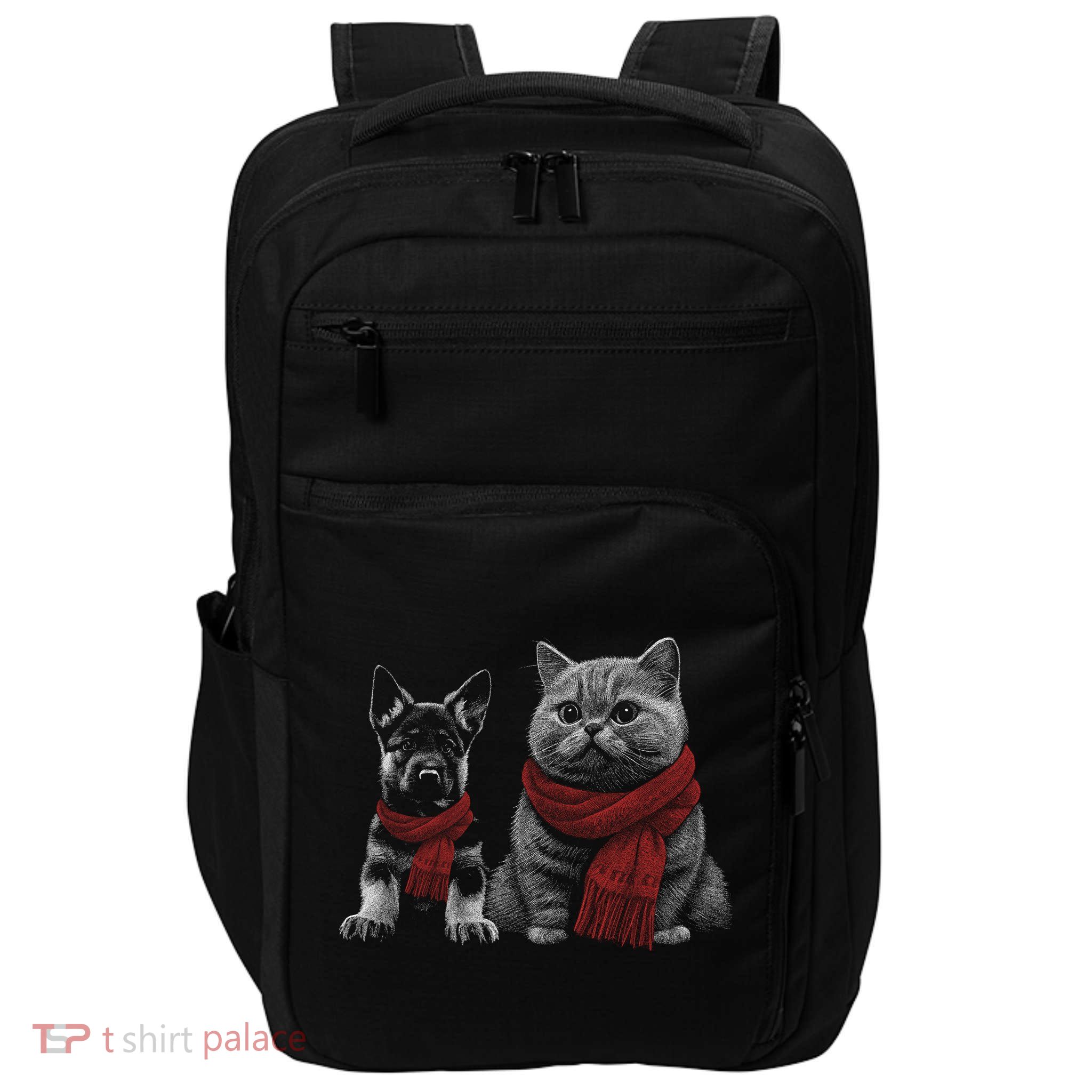 Dog And Cat Wearing Red Scarves Realistic Impact Tech Backpack