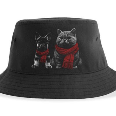 Dog And Cat Wearing Red Scarves Realistic Sustainable Bucket Hat