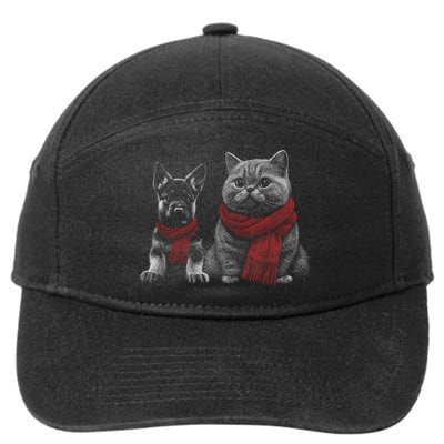 Dog And Cat Wearing Red Scarves Realistic 7-Panel Snapback Hat