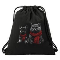 Dog And Cat Wearing Red Scarves Realistic Drawstring Bag