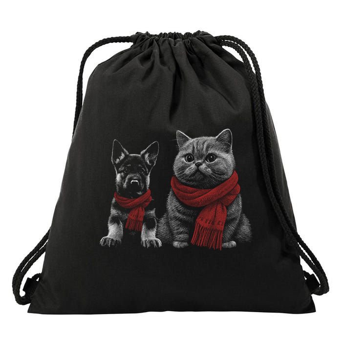 Dog And Cat Wearing Red Scarves Realistic Drawstring Bag