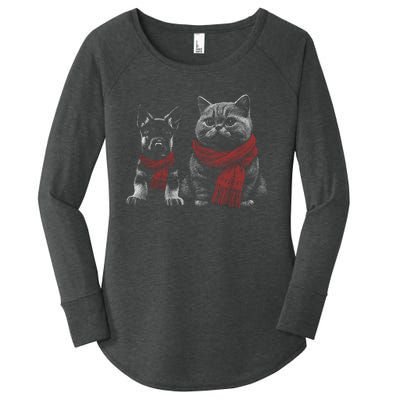 Dog And Cat Wearing Red Scarves Realistic Women's Perfect Tri Tunic Long Sleeve Shirt