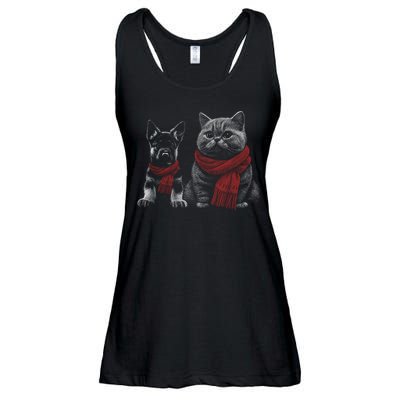 Dog And Cat Wearing Red Scarves Realistic Ladies Essential Flowy Tank