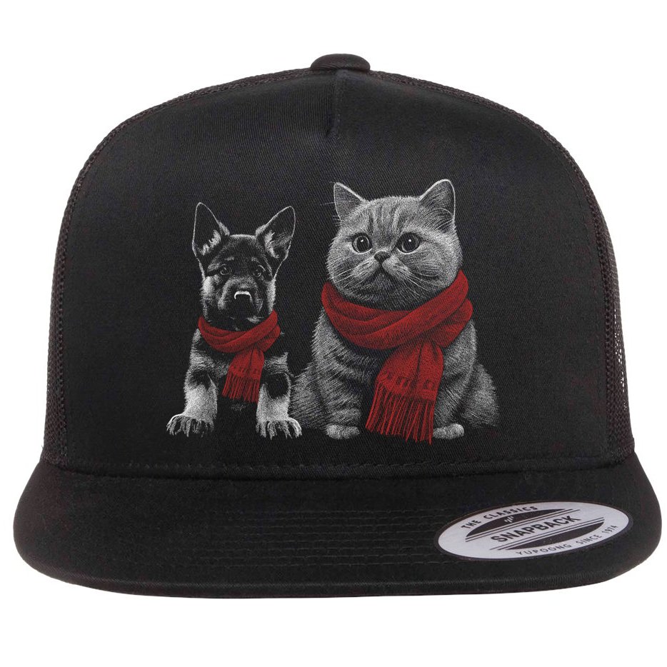 Dog And Cat Wearing Red Scarves Realistic Flat Bill Trucker Hat