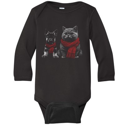 Dog And Cat Wearing Red Scarves Realistic Baby Long Sleeve Bodysuit