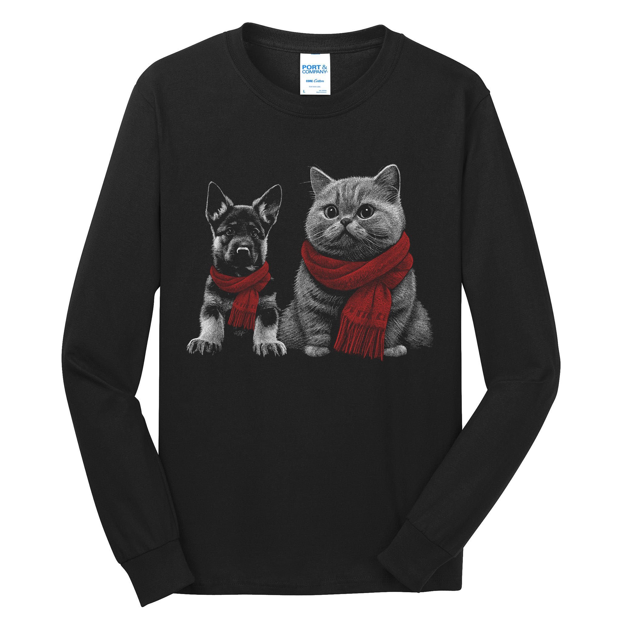 Dog And Cat Wearing Red Scarves Realistic Tall Long Sleeve T-Shirt