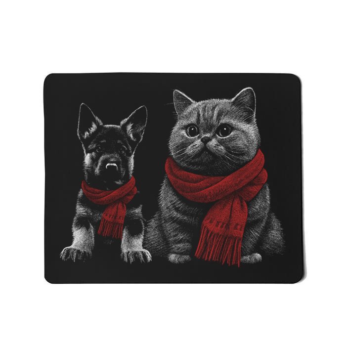 Dog And Cat Wearing Red Scarves Realistic Mousepad