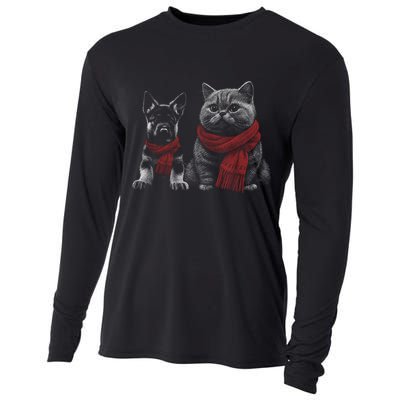 Dog And Cat Wearing Red Scarves Realistic Cooling Performance Long Sleeve Crew
