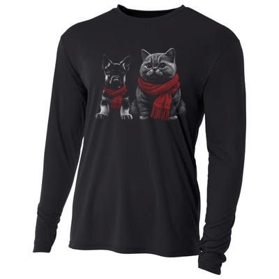 Dog And Cat Wearing Red Scarves Realistic Cooling Performance Long Sleeve Crew