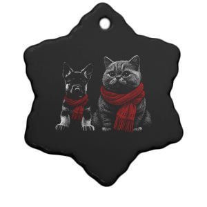 Dog And Cat Wearing Red Scarves Realistic Ceramic Star Ornament