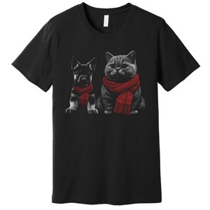 Dog And Cat Wearing Red Scarves Realistic Premium T-Shirt