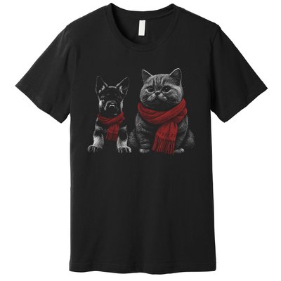 Dog And Cat Wearing Red Scarves Realistic Premium T-Shirt