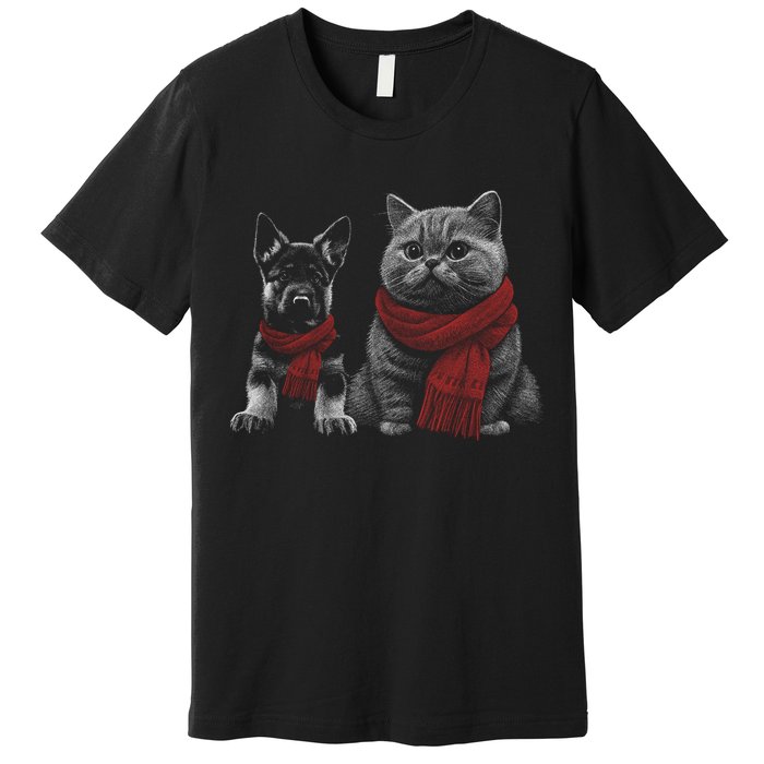 Dog And Cat Wearing Red Scarves Realistic Premium T-Shirt