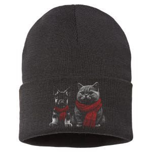 Dog And Cat Wearing Red Scarves Realistic Sustainable Knit Beanie