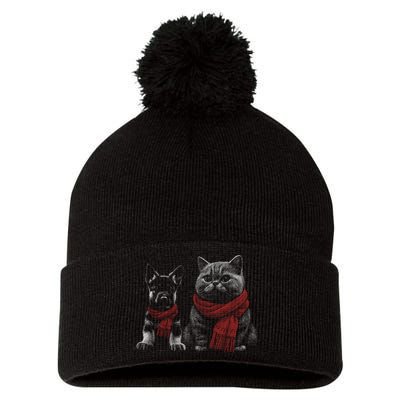 Dog And Cat Wearing Red Scarves Realistic Pom Pom 12in Knit Beanie