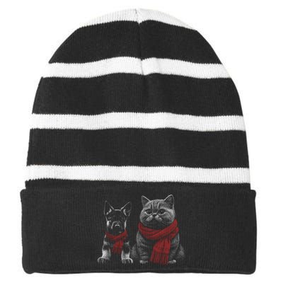 Dog And Cat Wearing Red Scarves Realistic Striped Beanie with Solid Band