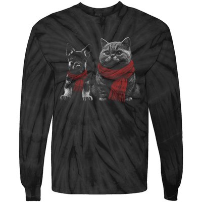 Dog And Cat Wearing Red Scarves Realistic Tie-Dye Long Sleeve Shirt