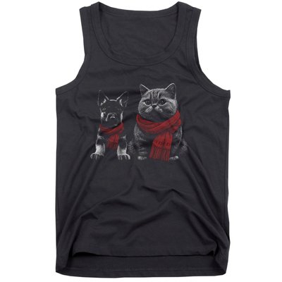 Dog And Cat Wearing Red Scarves Realistic Tank Top