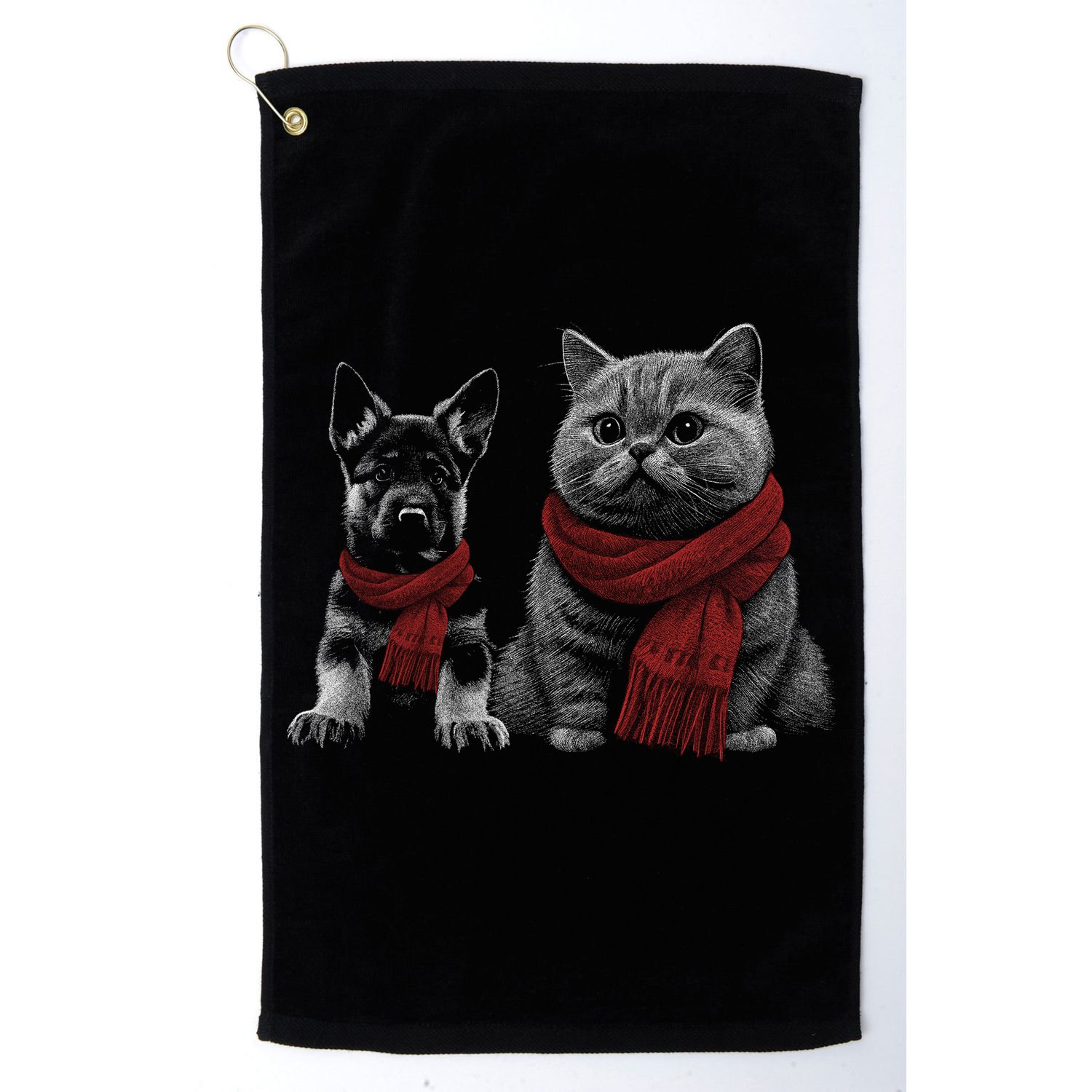 Dog And Cat Wearing Red Scarves Realistic Golf Towel