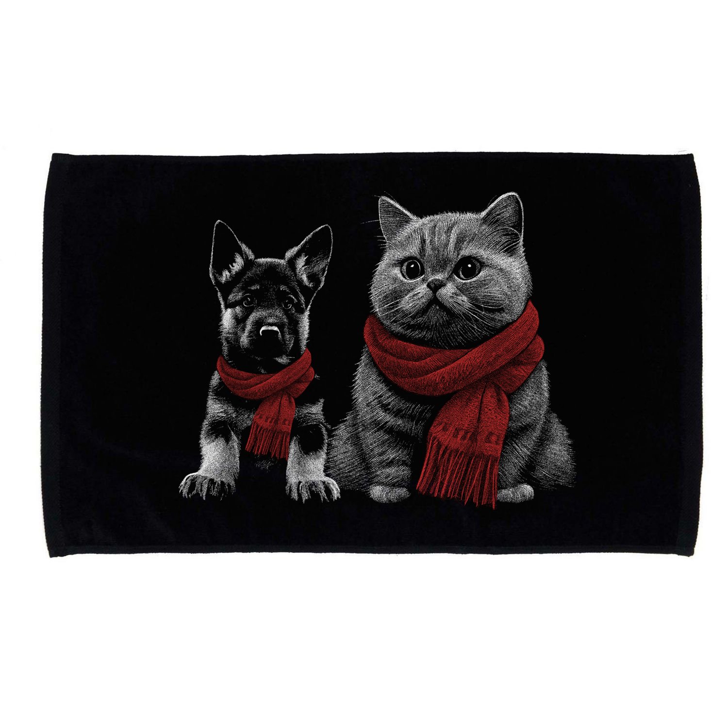 Dog And Cat Wearing Red Scarves Realistic Microfiber Hand Towel