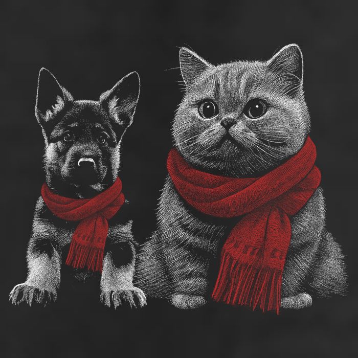 Dog And Cat Wearing Red Scarves Realistic Microfiber Hand Towel