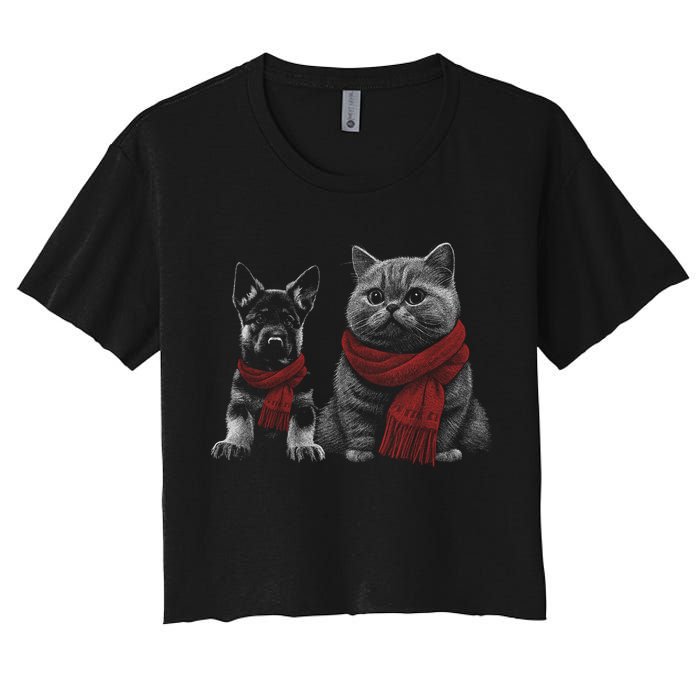 Dog And Cat Wearing Red Scarves Realistic Women's Crop Top Tee