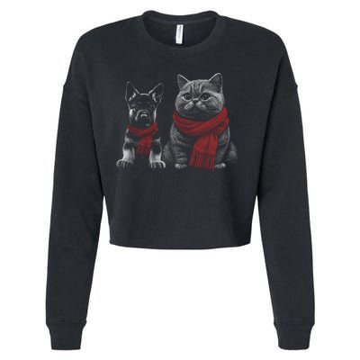 Dog And Cat Wearing Red Scarves Realistic Cropped Pullover Crew